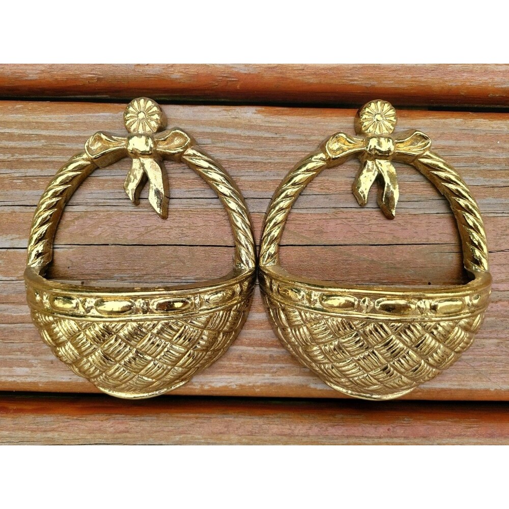 2 Vtg Small Basket Wall Pockets Gold Tone Weaved Homco Burwood Hollywood Regency